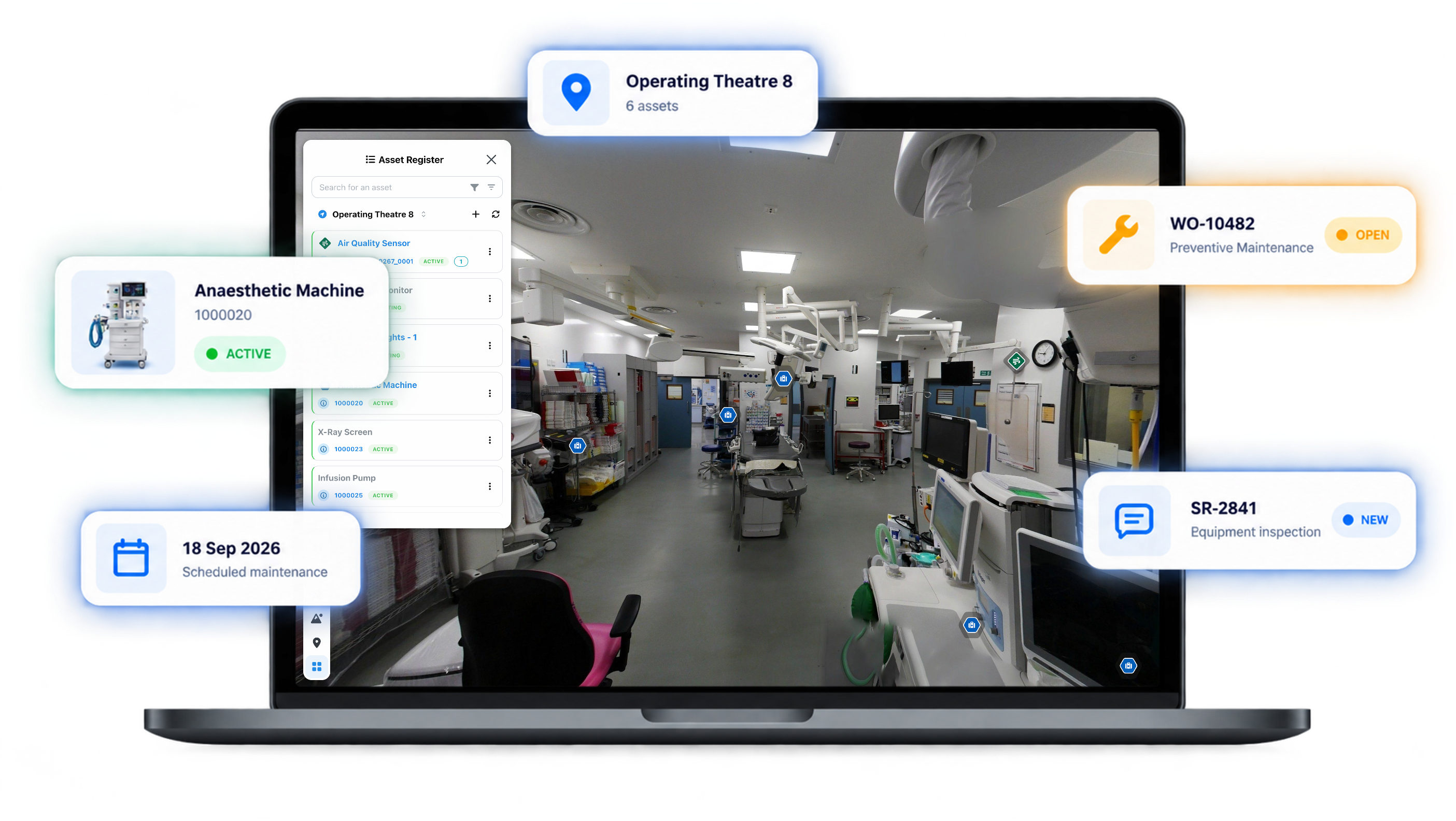 Helios asset register showing operating theatre assets, maintenance work and an equipment service request in physical context