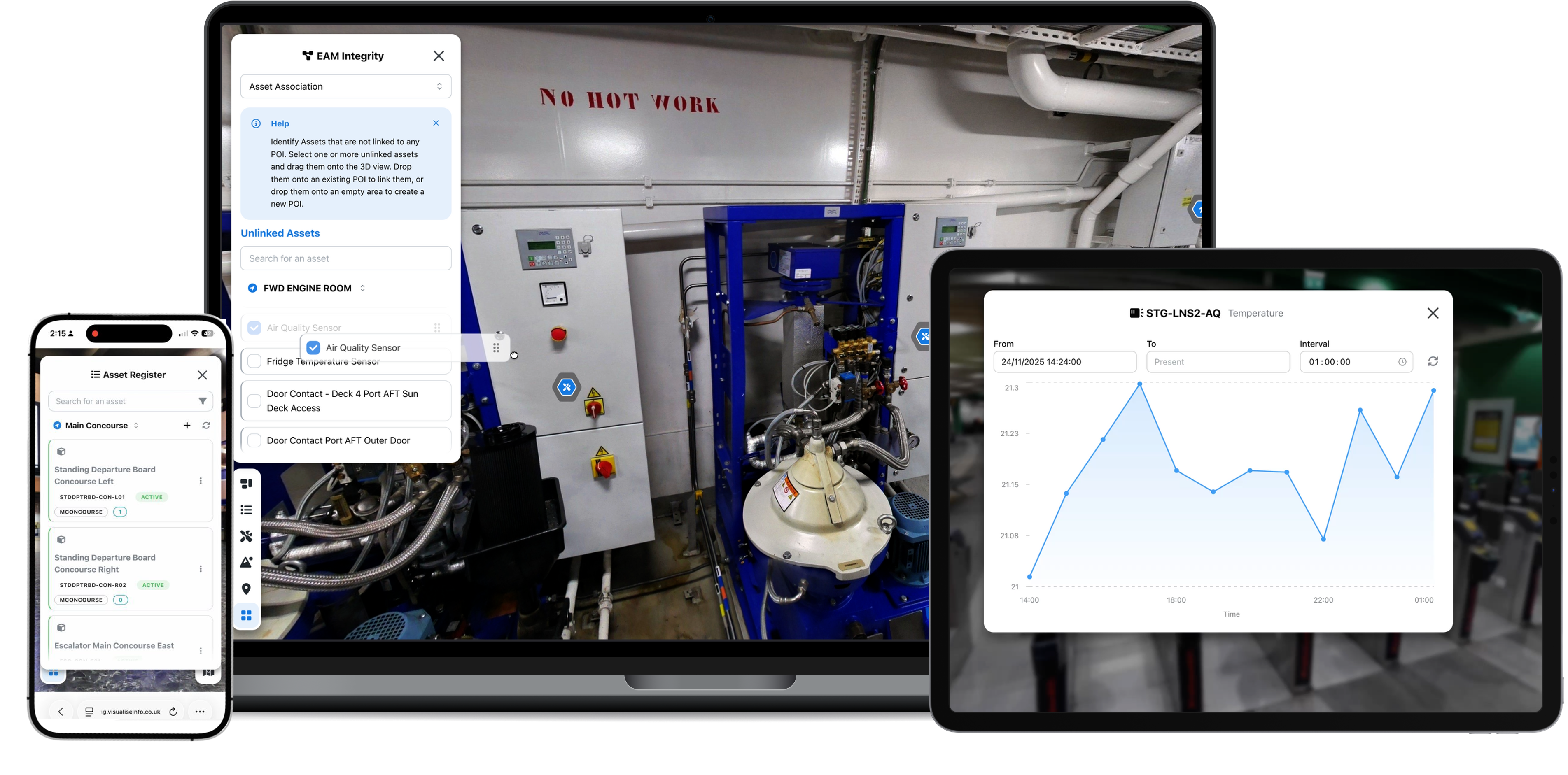 Helios shown across laptop, phone and tablet with spatial asset information and sensor history