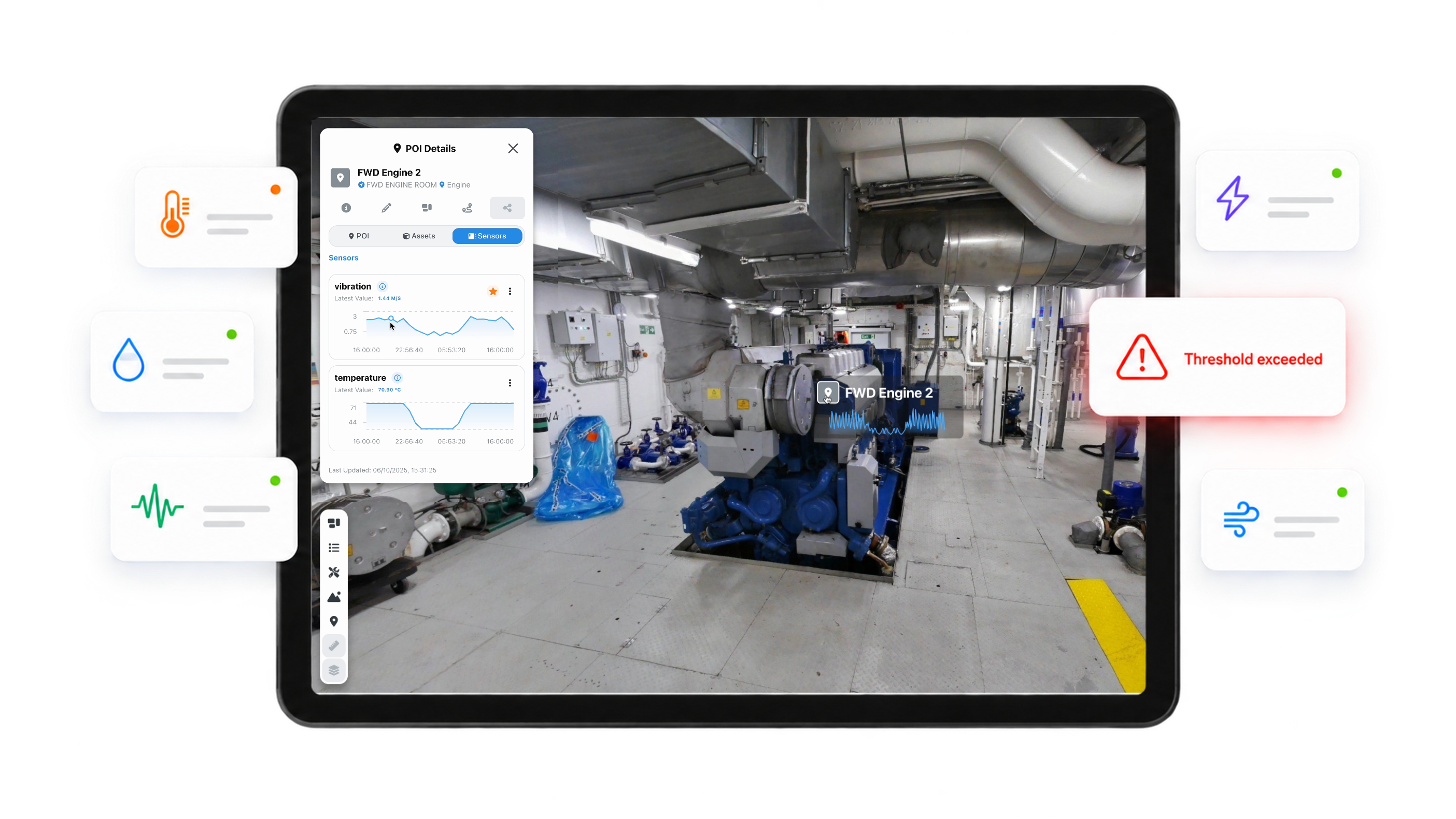 Helios IoT view showing sensor readings against equipment in its spatial environment