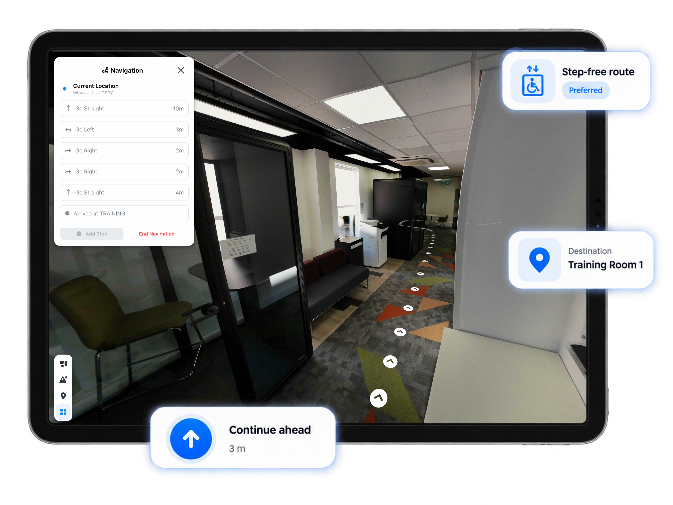 Helios indoor navigation view showing route instructions, location markers and a minimap