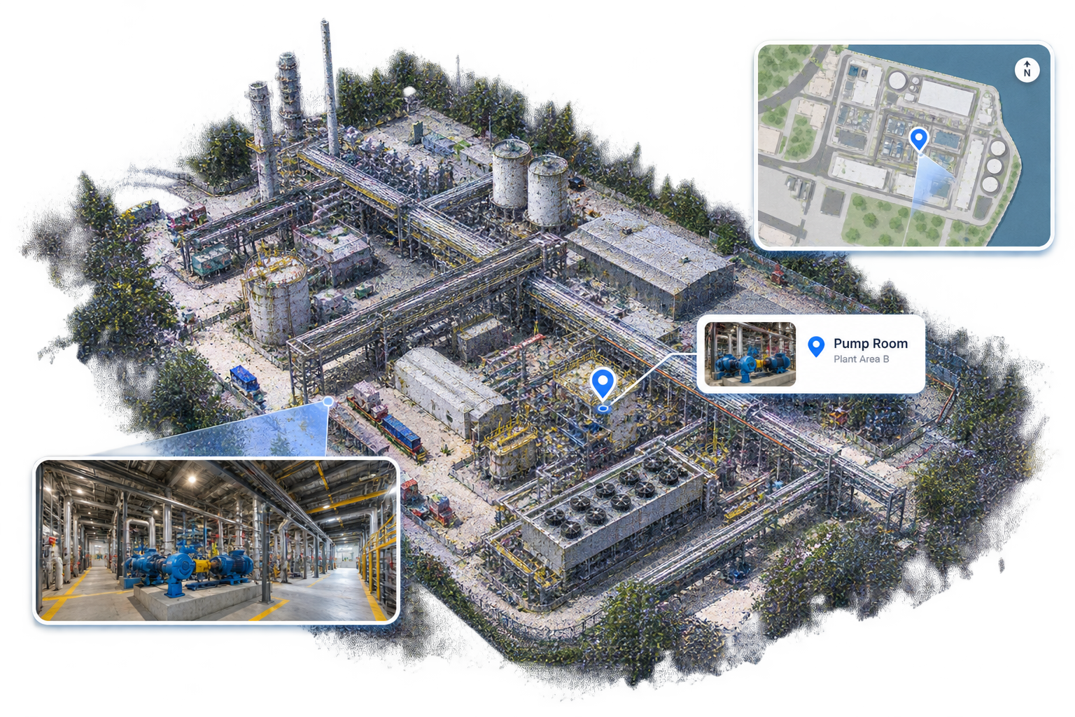 Helios point-cloud exploration view with the minimap and spatial view controls visible